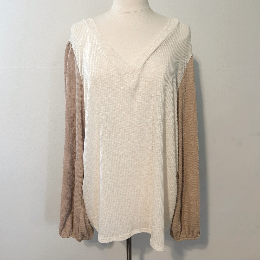 Boutique Neutral V-Neck Colorblock Top NEW